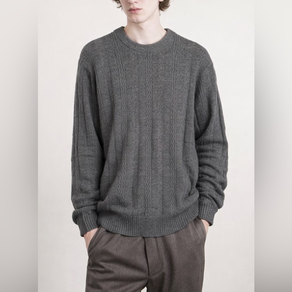 Oscar de la Renta Wool Cable Knit Crewneck Pullover Jumper Sweater grey Men Lg
